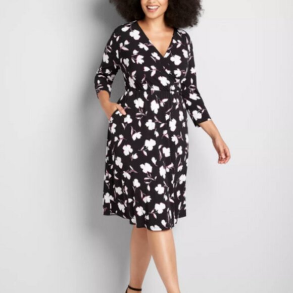 Lane Bryant Fit & Flare Dress 14 16 Black Floral V-neck Long Sleeve Pockets NEW - Picture 1 of 14
